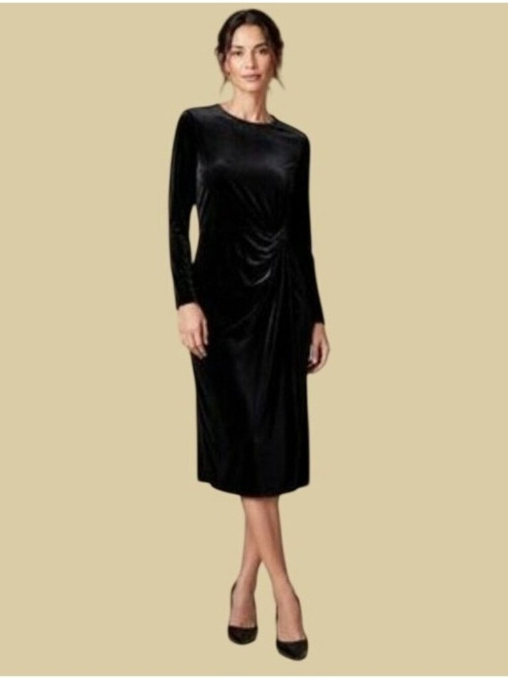 Belle Poque Black Velvet Velour Long Sleeve Midi Dress Size XL Evening Wedding